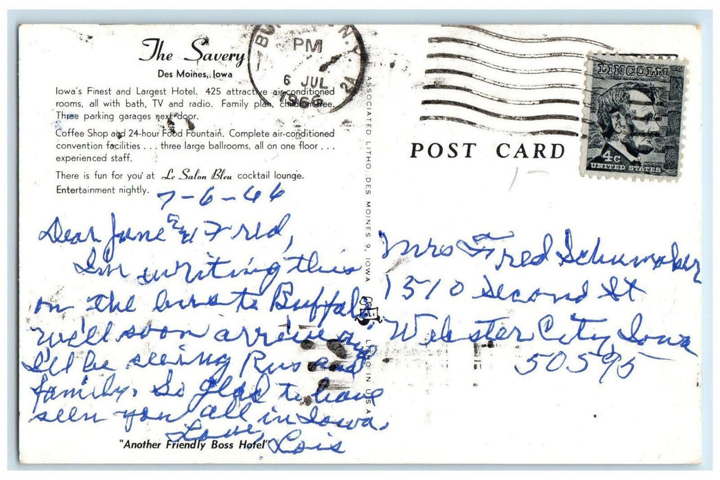 1966 Entrance View of The Savery Des Moines Iowa IA Vintage Posted Postcard