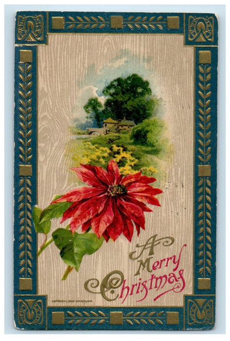 1910 Merry Christmas Poinsettia Flowers Houses Embossed John Winsch Postcard