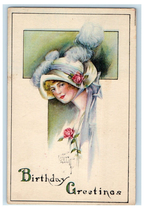 1911 Birthday Greetings Victorian Girl Flowers Kathryn Elliot Antique Postcard