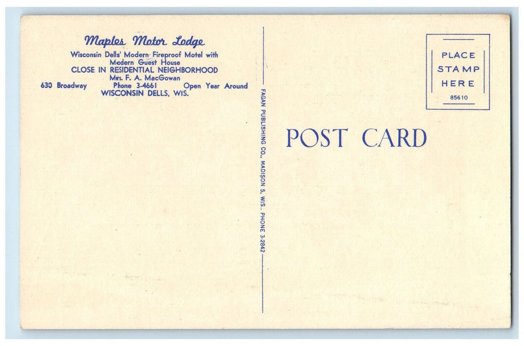 c1940's Maples Motor Lodge Fireproof Motel in Wisconsin Dells WI Postcard