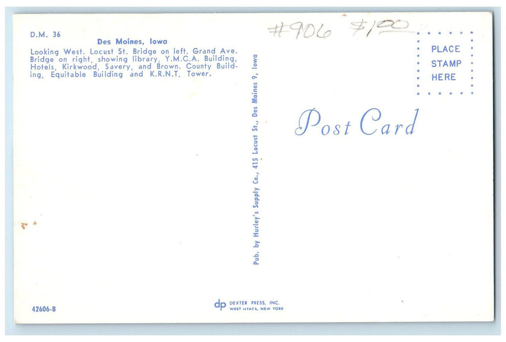c1960's YMCA Bldg. Hotels, Kirkwood, Savery, Bridge. Des Moines IA Postcard