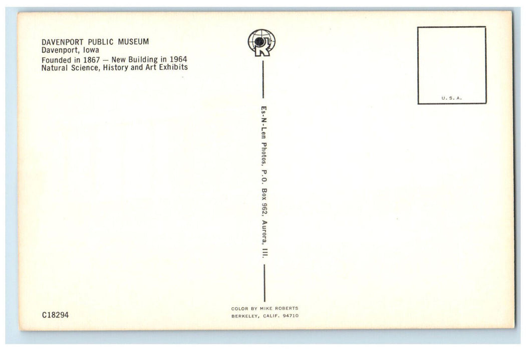 c1950's Art and History Exhibits,Davenport Public Museum, Davenport IA Postcard