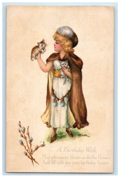 c1910's Birthday Wish Girl With Kitten Cats Winter Coat Dulk Antique Postcard