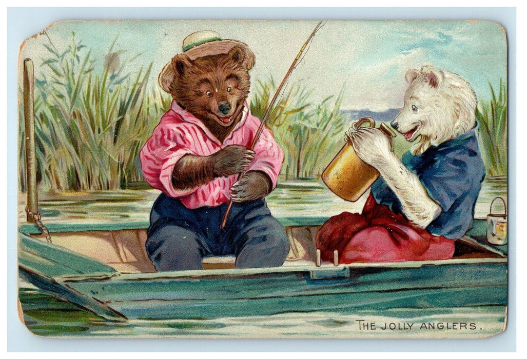 c1910's Bears Boat Fishing The Jolly Anglers Tuck's Embossed Antique Postcard
