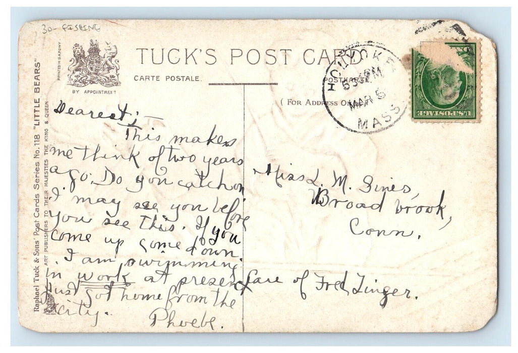 c1910's Bears Boat Fishing The Jolly Anglers Tuck's Embossed Antique Postcard