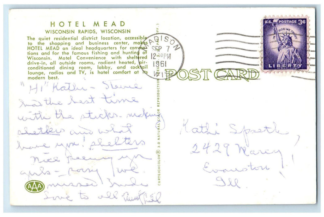 1961 The Motelized Hotel Mead Wisconsin Rapids Wisconsin WI Postcard