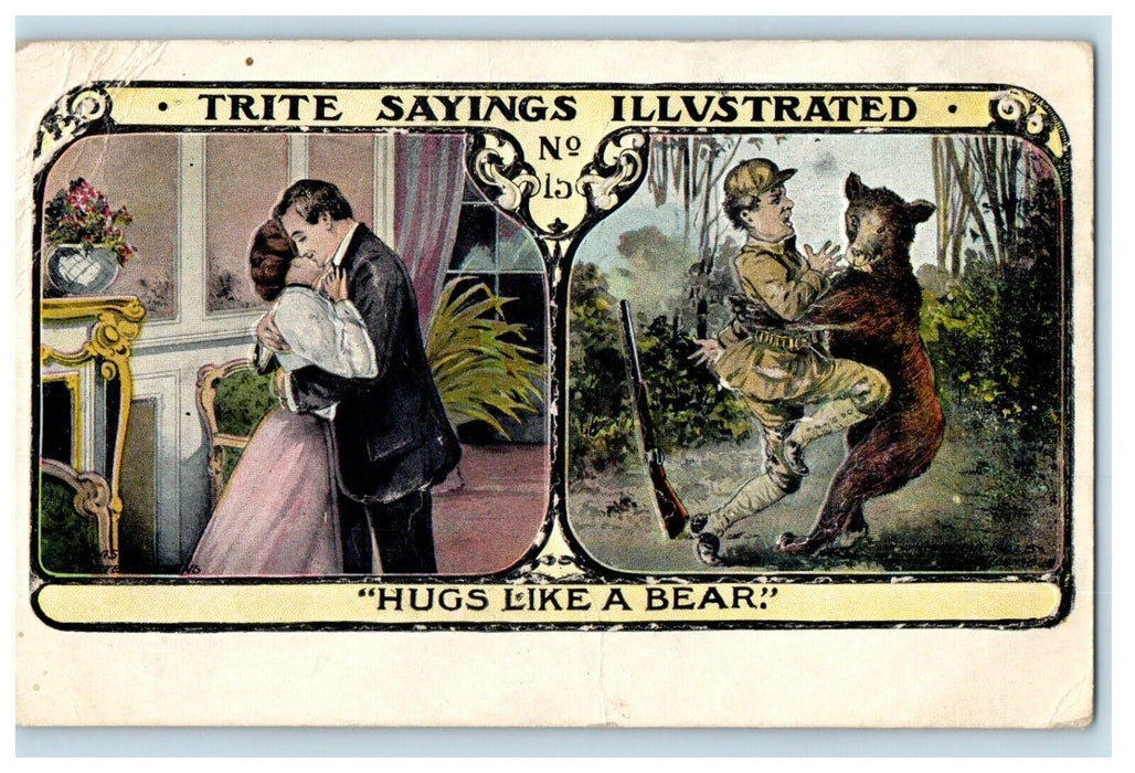 c1910's Hunting Bear And Sweet Couple Hug Romance Embossed Antique Postcard