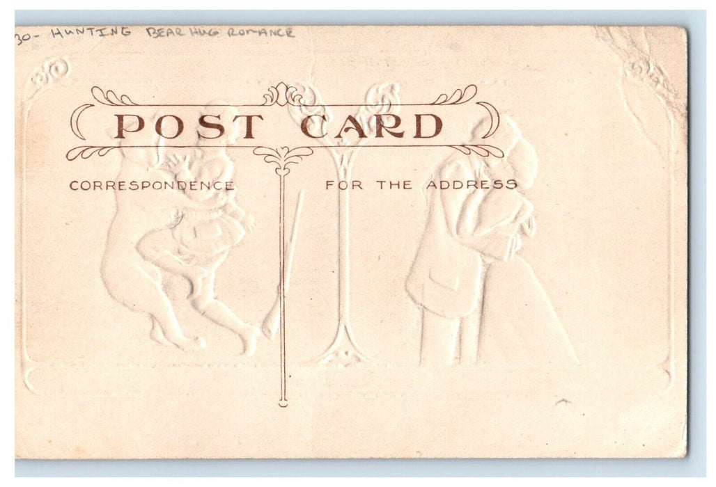 c1910's Hunting Bear And Sweet Couple Hug Romance Embossed Antique Postcard