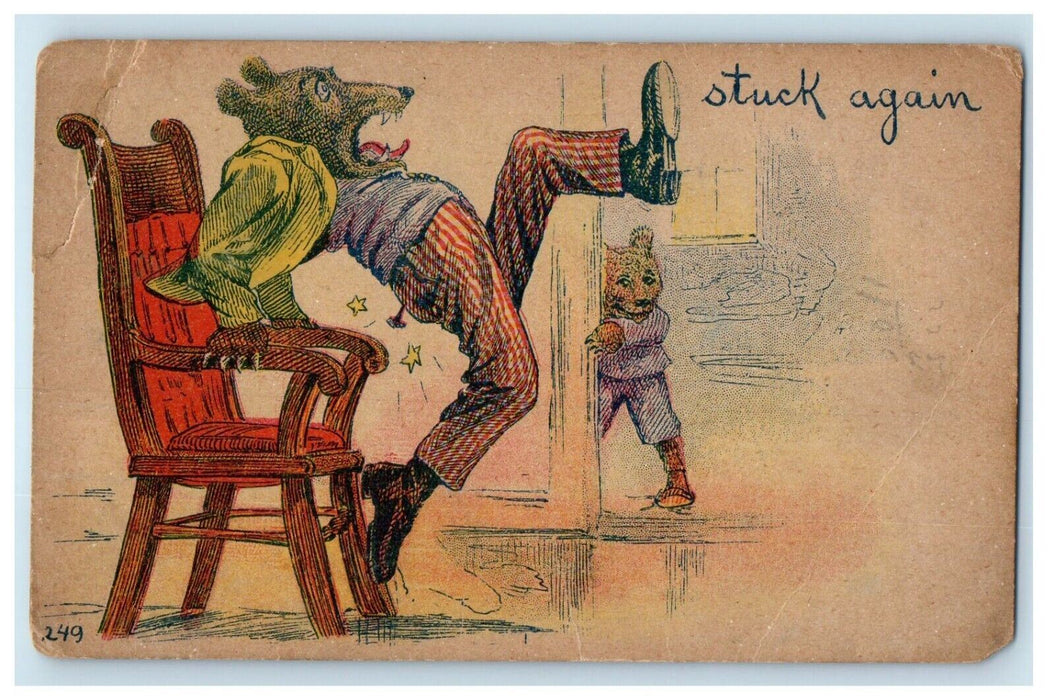 1907 Anthropomorphic Bear Nail Stuck His Butt Write Away Funny Comic Postcard