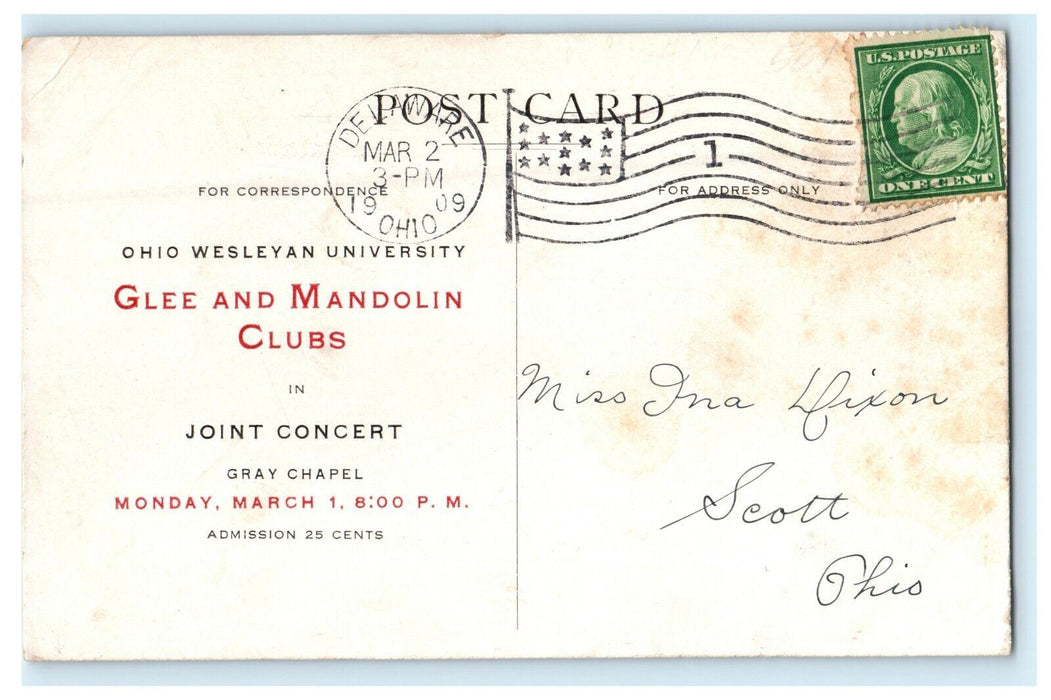 1909 Ohio Wesleyan University Glee Mandolin Clubs Concert Advertising Postcard