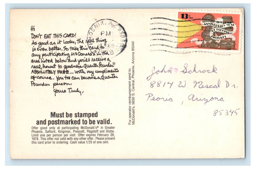 1978 Big Burger, Quarter Pounder Phoenix AZ Advertising Posted Vintage Postcard