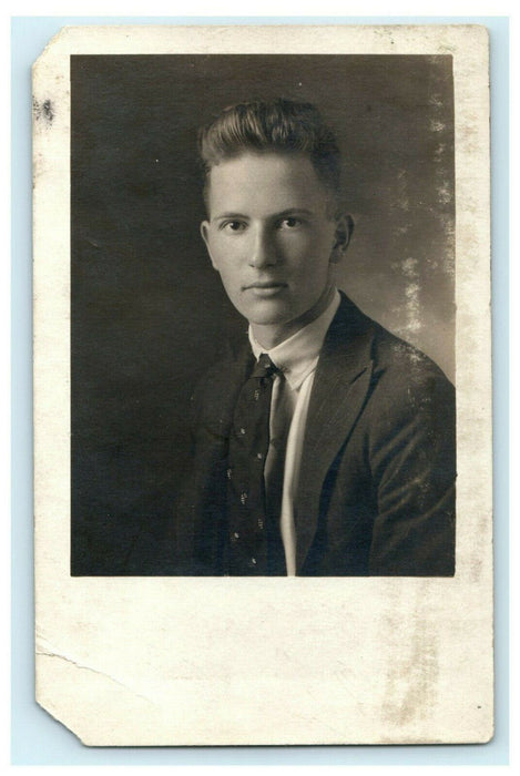 Young Man Suit Tie Prep RPPC Photo Clarence Arthur Reiser Antique Postcard