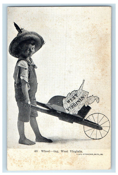 c1950s Boy Wearing Cap, Shovel, Map, Wheel-ing West Virginia WV Postcard