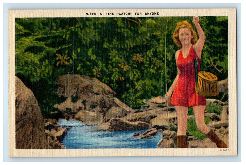 Beautiful Girl Catched Fish A Fine Catch Unposted Vintage Postcard