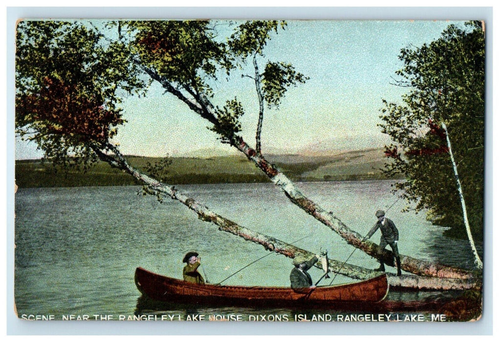 Scene Near Rangeley Lake House Dixons Island ME, Fisherman Boat Fishing Postcard