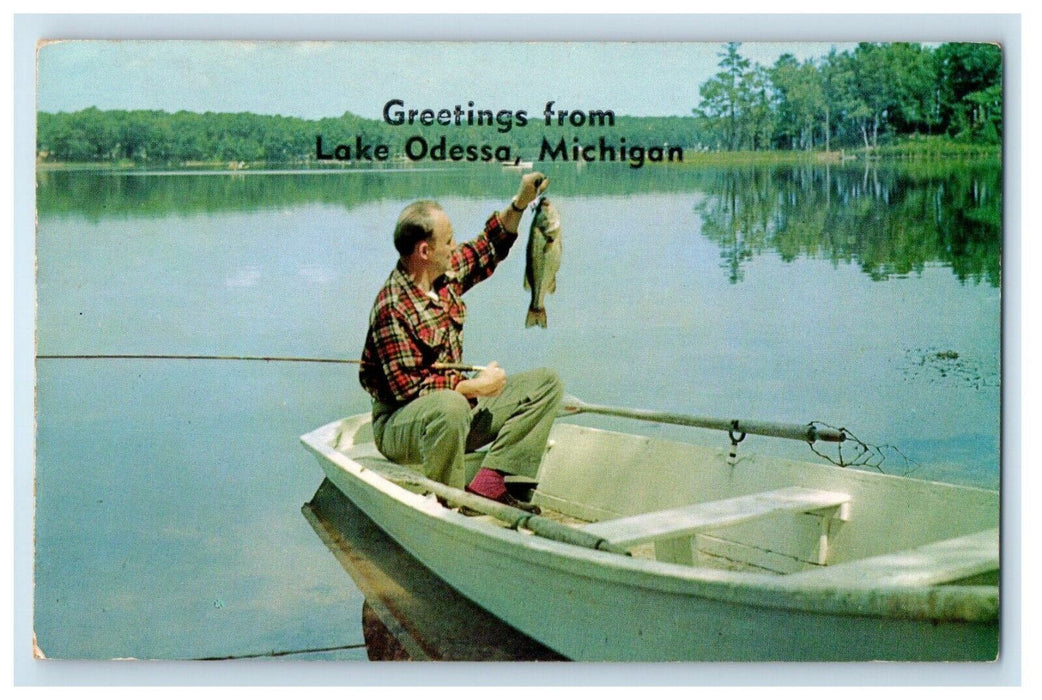 1962 Greetings From Lake Odessa Michigan MI, Fisherman Catched Fish Postcard