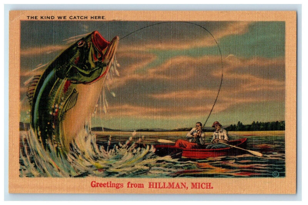 1947 Greetings From Hillman Michigan MI, Exaggerated Fish Vintage Postcard
