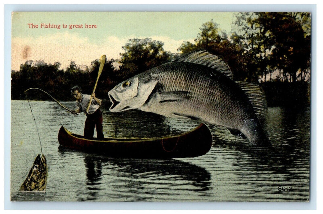 c1910's The Fishing Is Great Here, Fisherman Boat Exaggerated Fishes Postcard