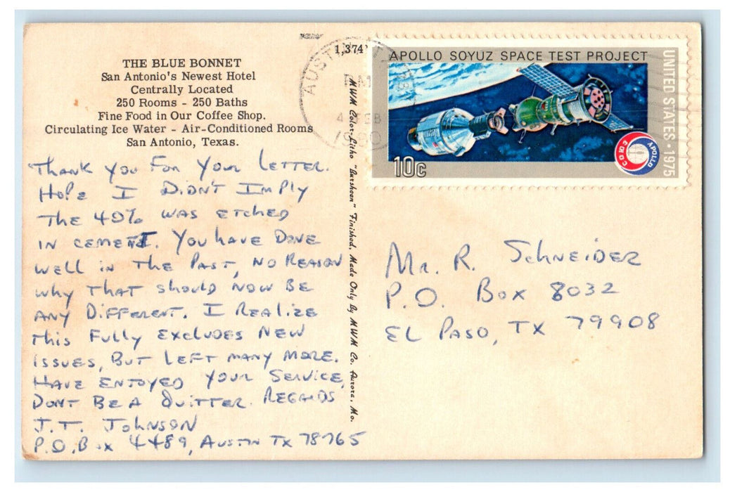 c1950s Entrance to Blue Bonnet Hotel, San Antonio Texas TX Vintage Postcard