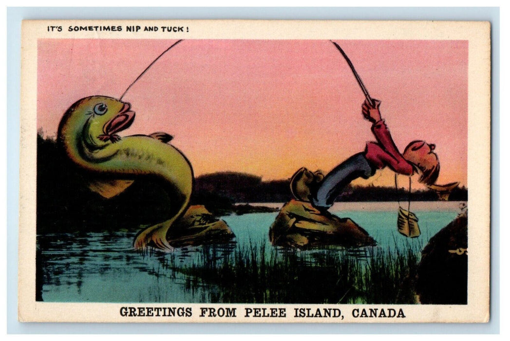 c1910's Greetings From Peelee Island Canada, Exaggerated Fish Antique Postcard