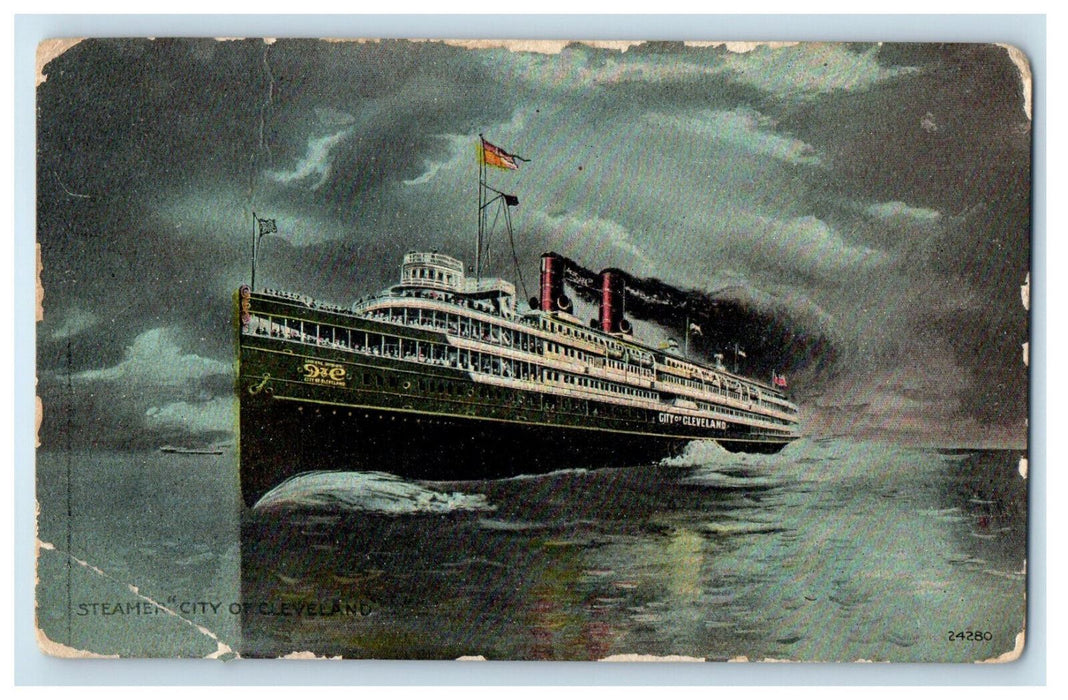 1911 Steamer City of Clevelang at Night, Shelby Ohio OH Antique Postcard