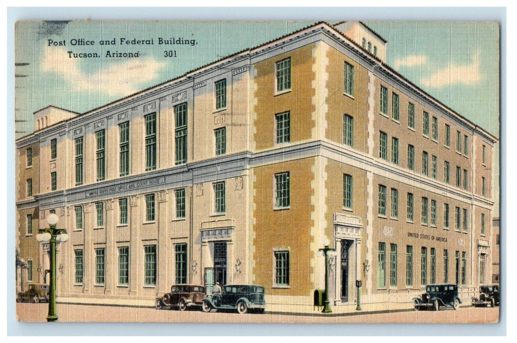 1947 Post Office Federal Building Street View Cars Tucson Arizona AZ Postcard