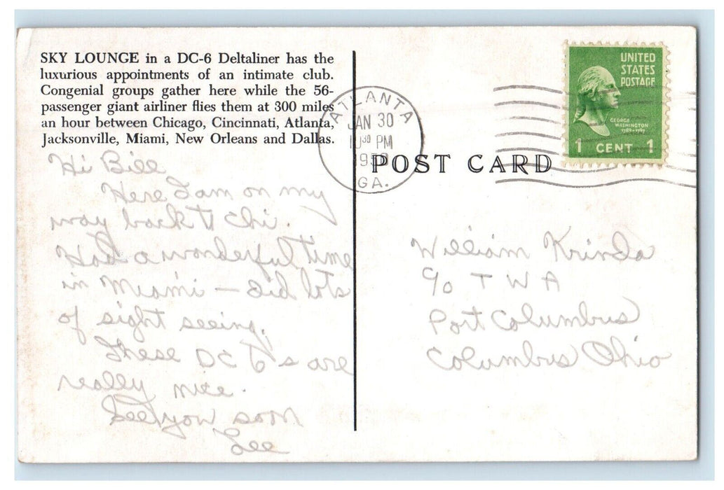1950 Sky Lounge DC-6 Deltaliner Giant Airliner Atlanta Georgia GA Postcard