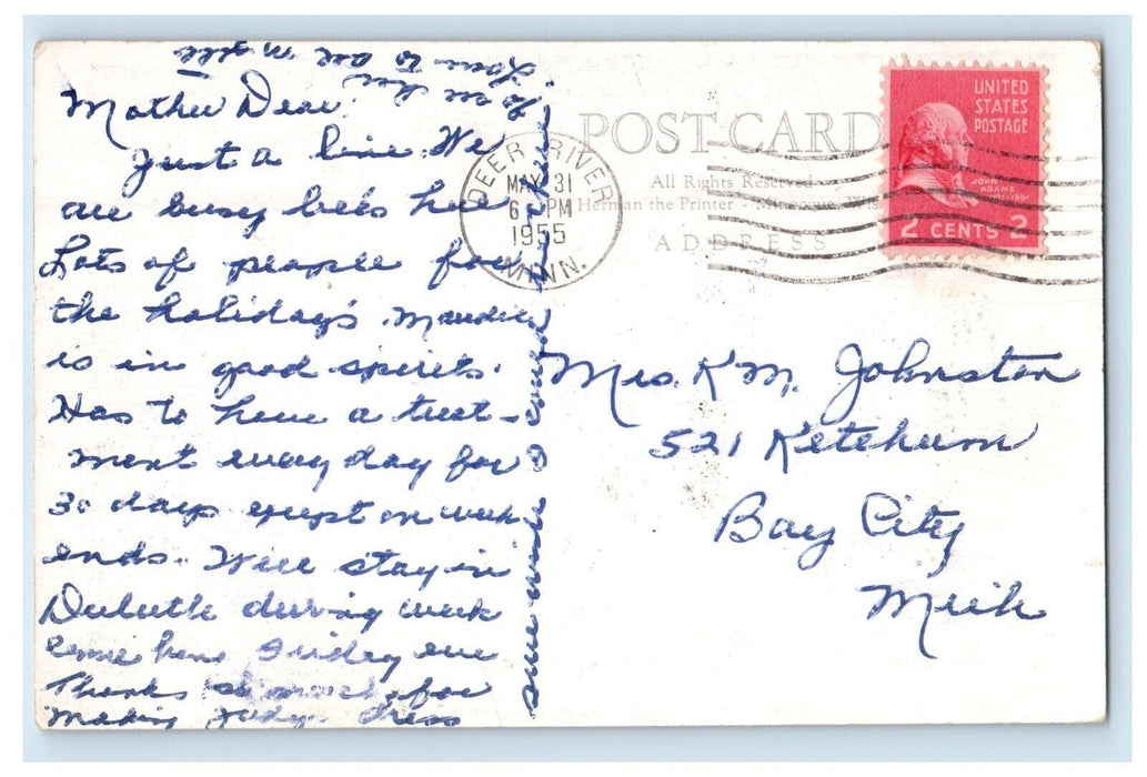 1955 Greetings From Renick's Cabins On Bowstring Deer River MN, Fishes Postcard