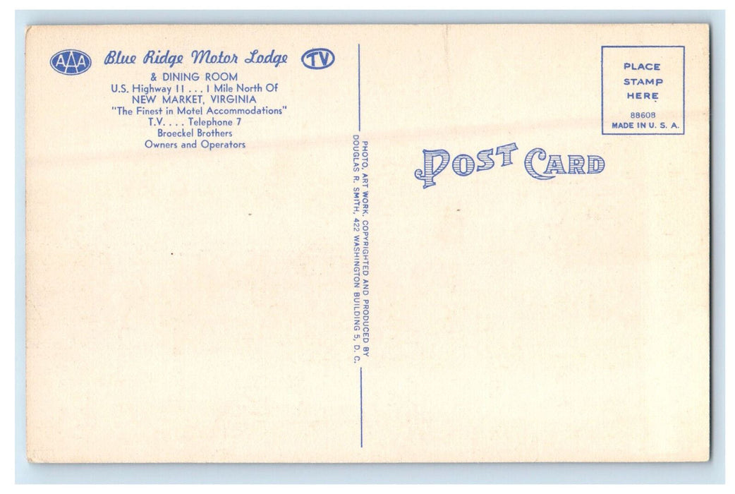 c1950s Blue Ridge Motor Lodge US Highway 11 New Market Virginia VA Postcard