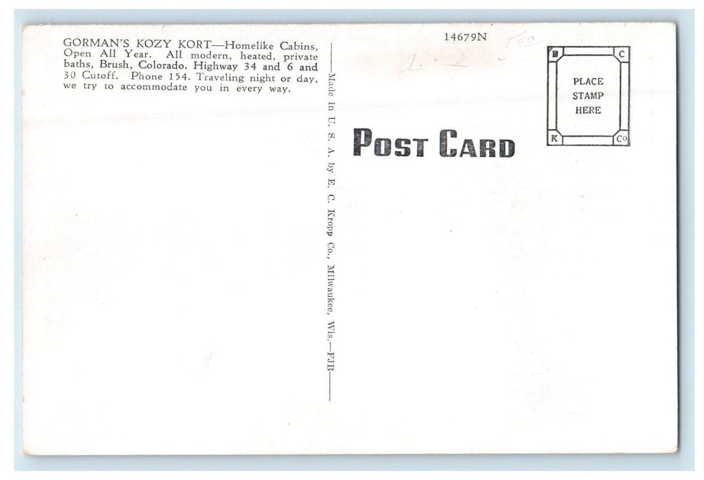 c1930's Going East Or Going West Gorman's From Kozy Kort Motel Brush CO Postcard