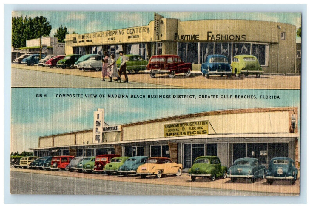 Madeira Beach Shopping Center Cars Business District Gulf Beaches FL Postcard