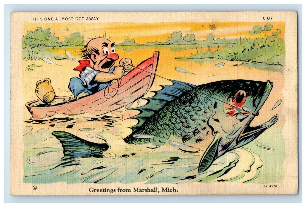1940 Greetings From Marshall MI, Boat Fisherman Exaggerated Fish Posted Postcard