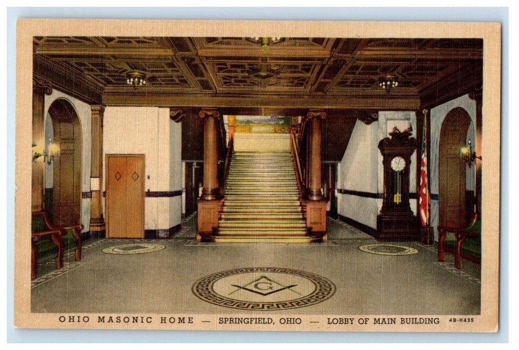 c1930's Ohio Masonic Home Springfield OH, Lobby On Main Building Postcard