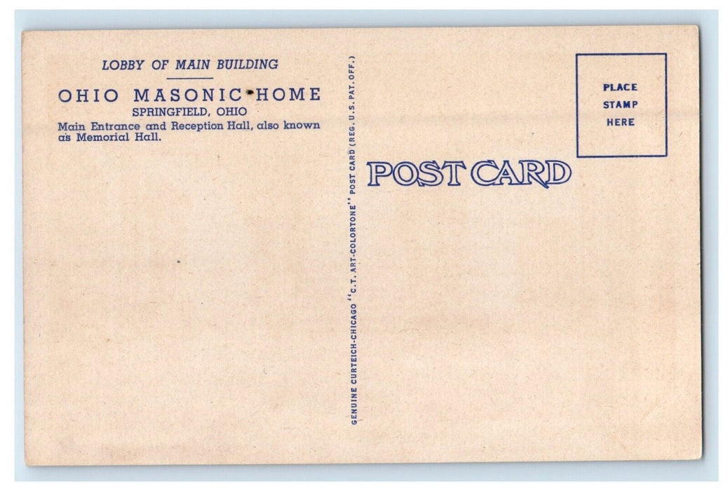 c1930's Ohio Masonic Home Springfield OH, Lobby On Main Building Postcard