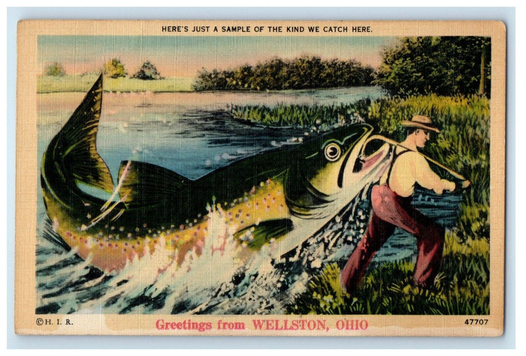 Greetings From Wellston Ohio OH, Fisherman Catched Exaggerated Fish Postcard