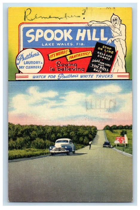 1953 Spook Hill Lake Wales FL, Prather's Laundry & Dry Cleaner Cars Postcard