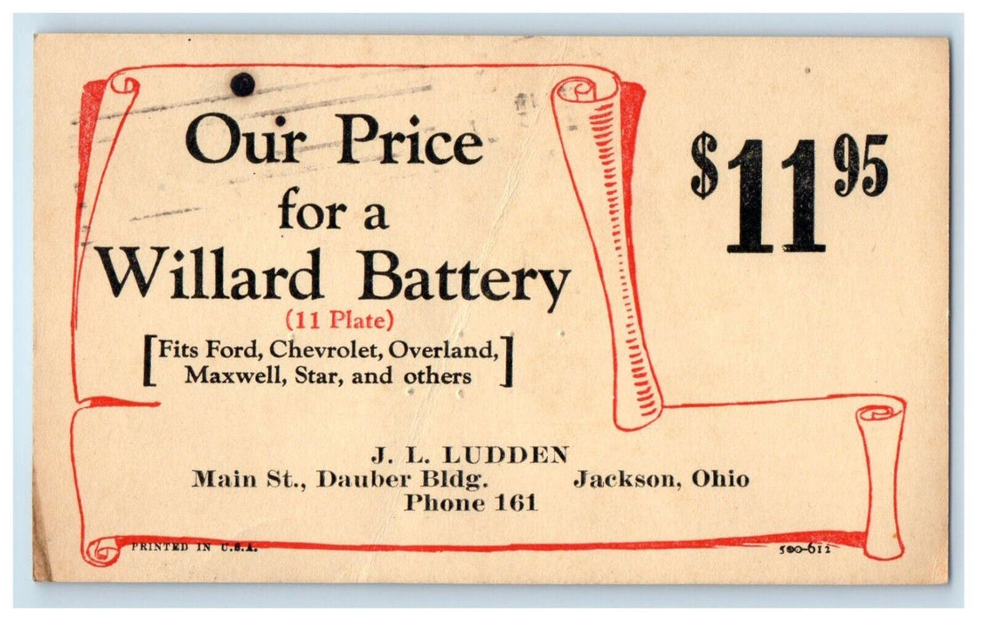 1926 Willard Battery Jackson Ohio OH Advertising Posted Vintage Postcard