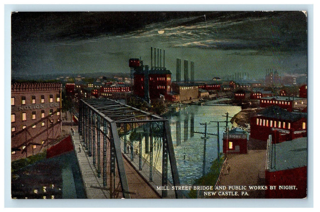 c1910 Mill Street Bridge and Public Works at Night New Castle PA Postcard