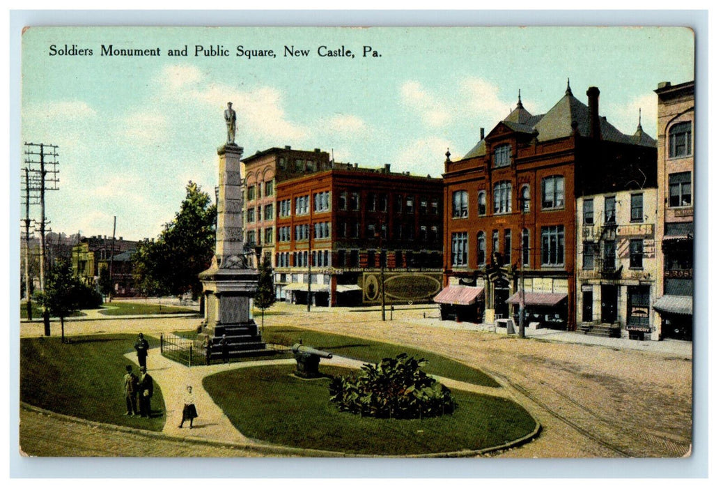c1910 Soldiers Monument and Public Square New Castle Pennsylvania PA Postcard