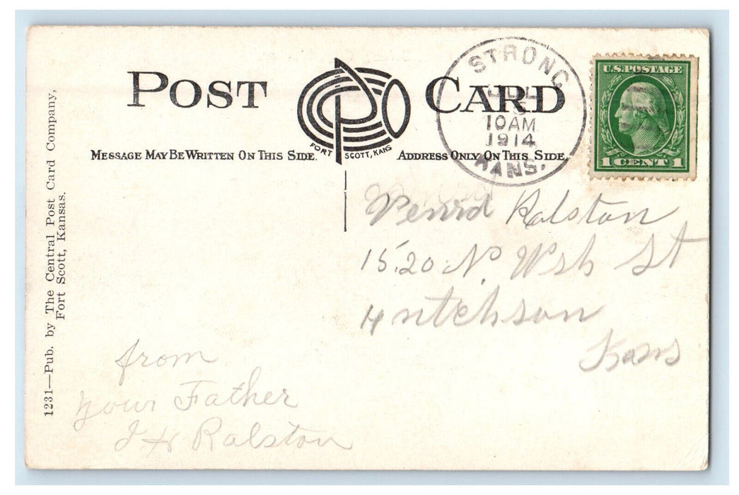 1914 Horse Trolley, Street Cars Strong City Kansas KS Antique Postcard