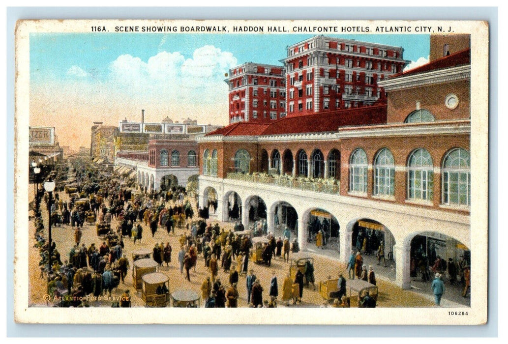 Scene Showing Boardwalk Haddon Hall Chalfonte Hotels Atlantic City NJ Postcard