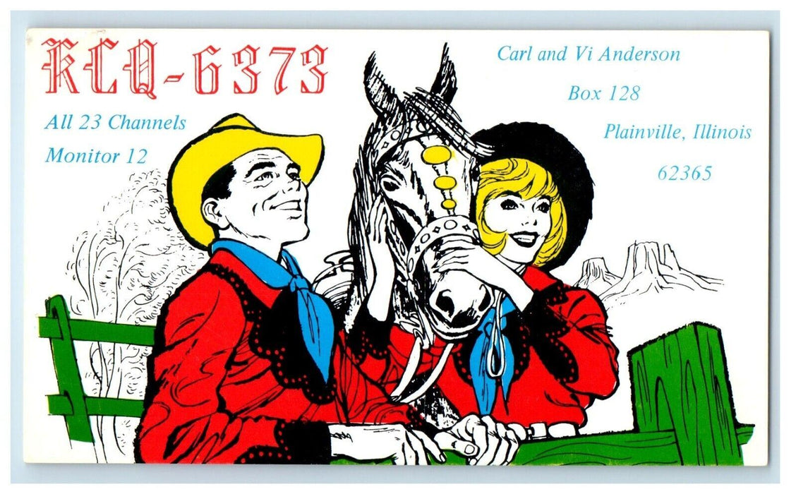 Plainville Illinois IL, KCQ-6373 Radio QSL Carl & Vi Anderson Horse Postcard