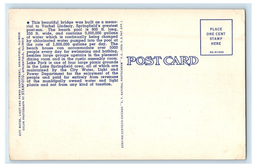 Springfield Illinois IL, Lindsay Memorial Bridge Beach Lake Springfield Postcard