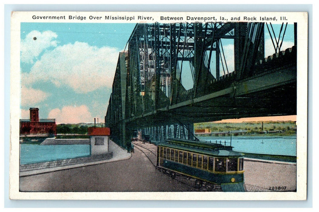 c1920s Trolley, Government Bridge Over River Illinois Davenport Iowa IA Postcard