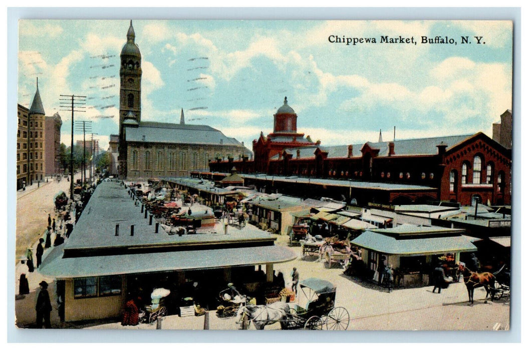1912 Horse Carriage, Market Scene, Buffalo New York NY Posted Postcard