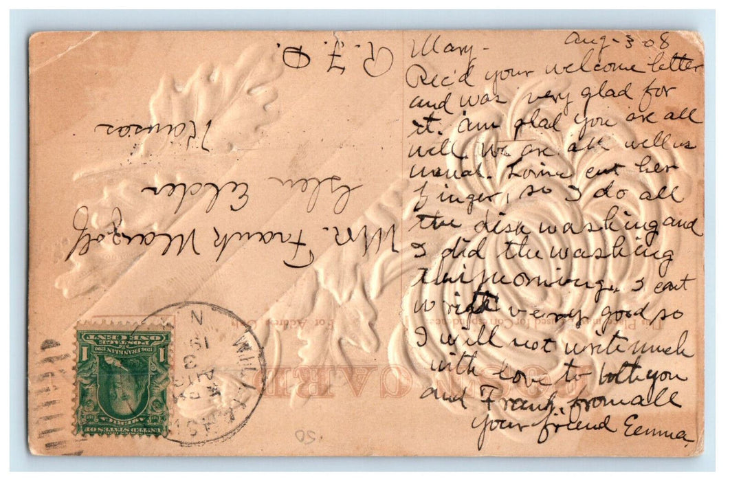 1908 Flower Embossed Greetings from Williamsville New York NY Postcard