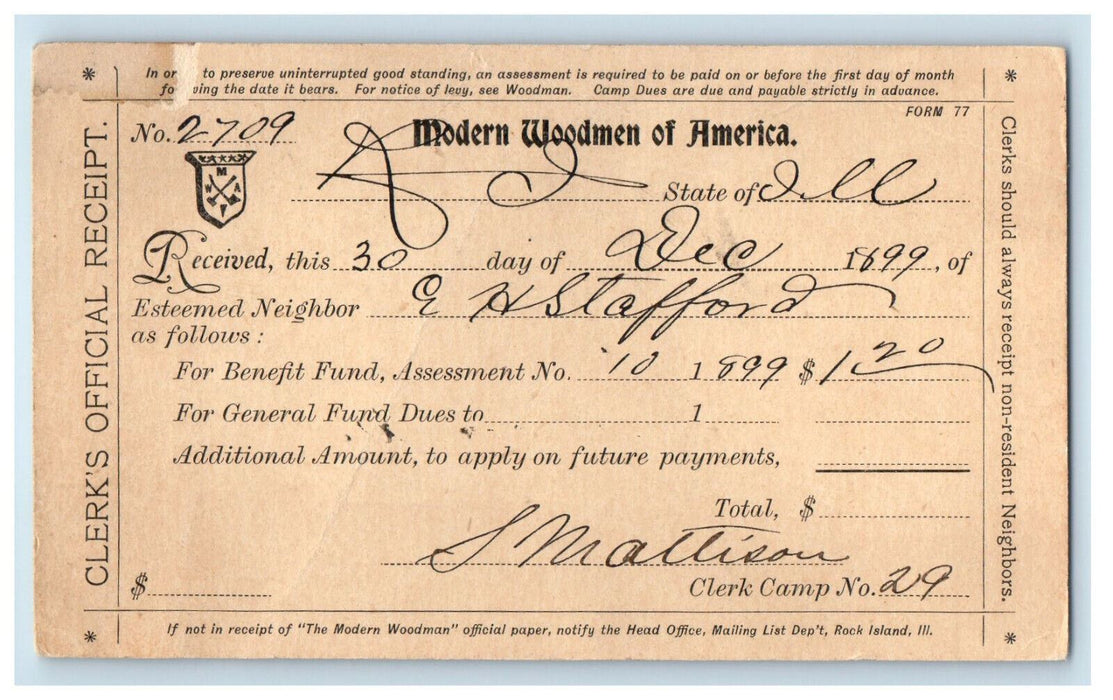 1899 Letter from Modern Woodmen of America, Illinois IL Posted Postcard