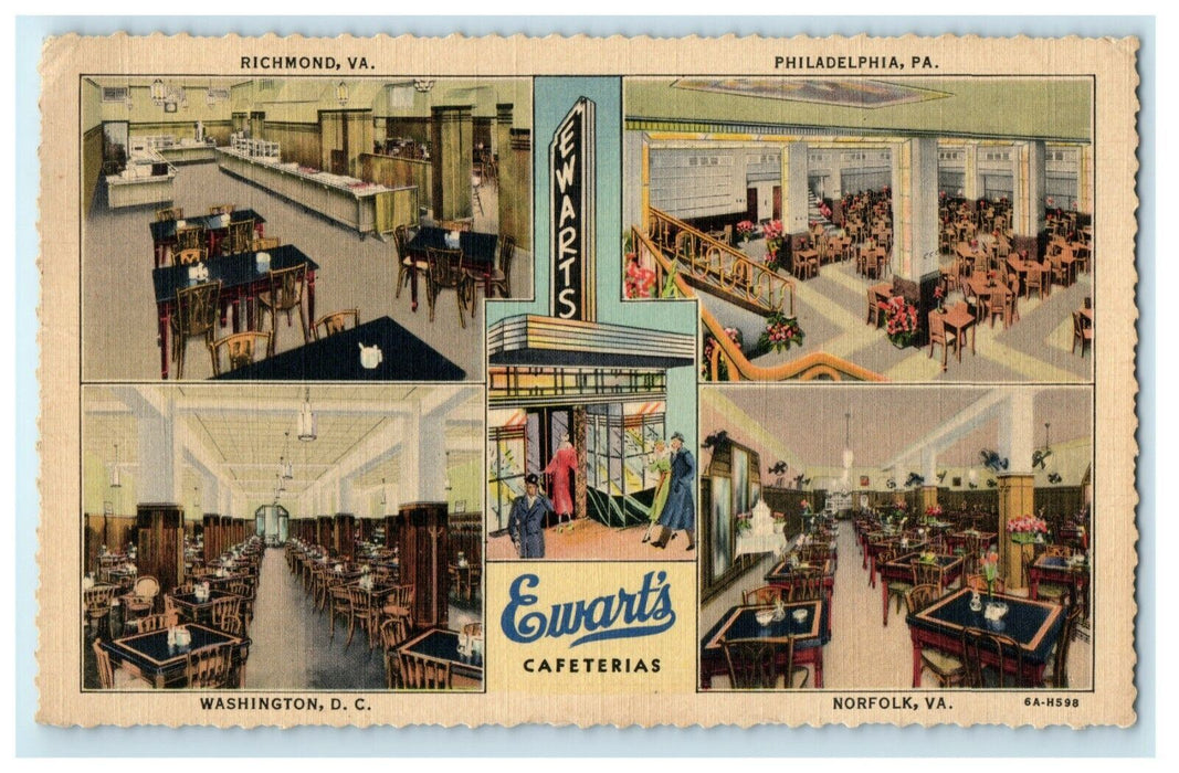 c1940's Ewart's Cafeterias Washington D.C. Norfolk Virginia VA Richmond Postcard