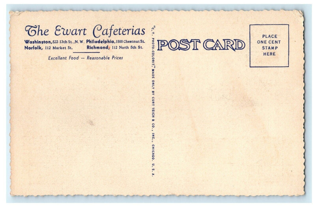 c1940's Ewart's Cafeterias Washington D.C. Norfolk Virginia VA Richmond Postcard