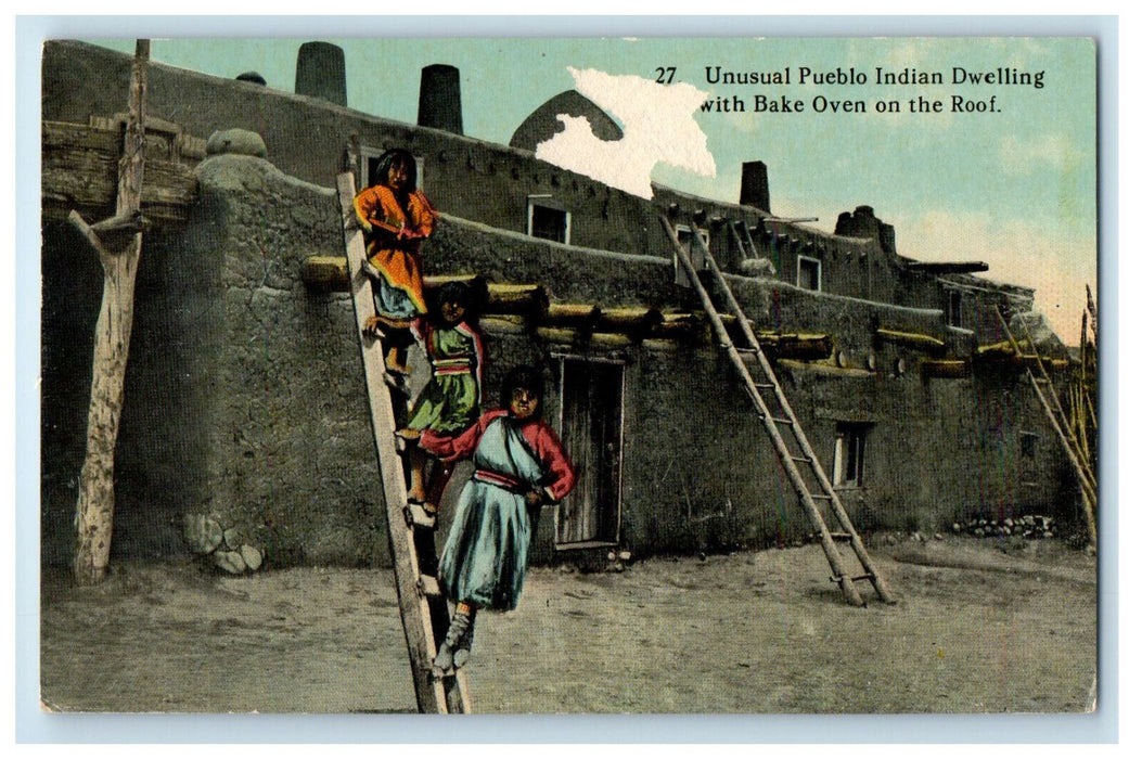 c1910 Pueblo Indian Dwelling with Bake Oven on the Roof, New Mexico NM Postcard